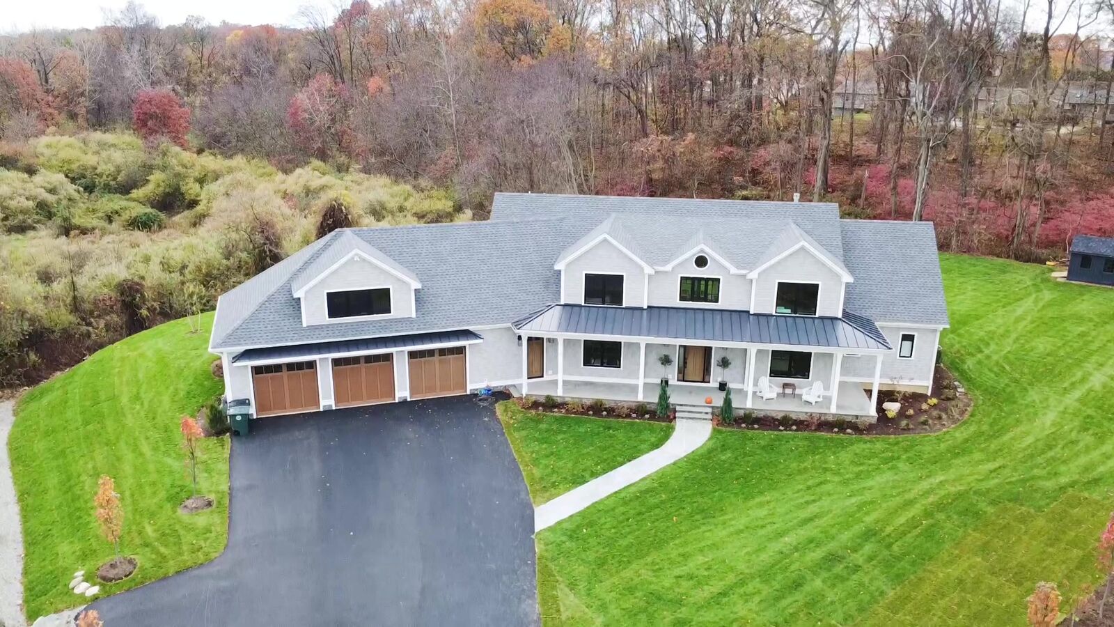 Drone roof inspection view of a Trumbull CT home by Charter Oak Roofing